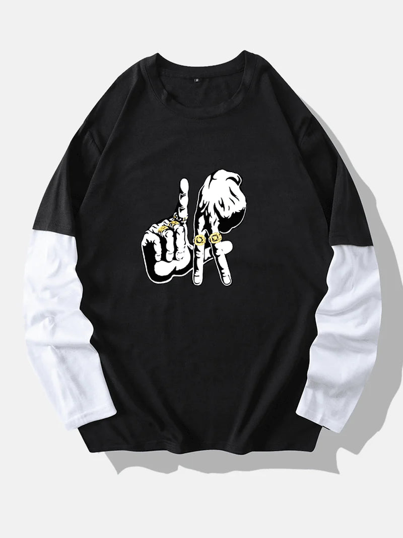 Mens Splicing Gesture Creative Long Sleeve T-Shirt